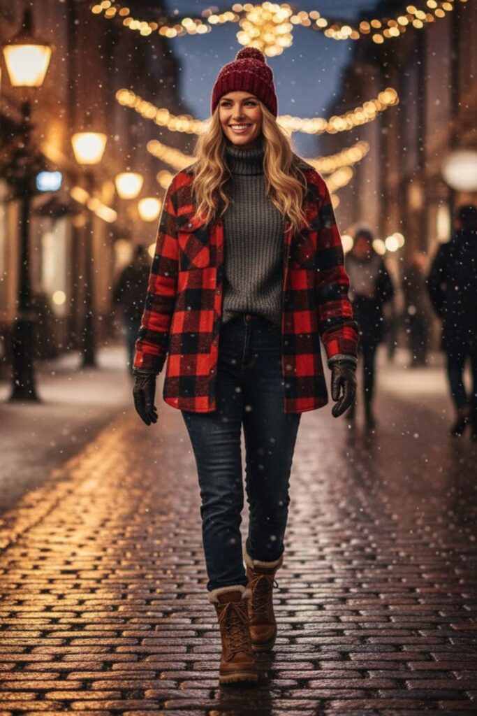 14. High Neck Sweater with Flannel Shirt and Jeans