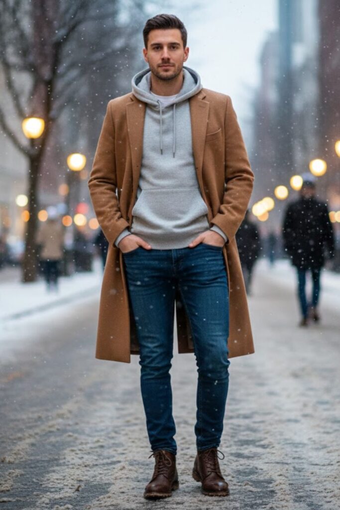 14. Hoodie with Overcoat and Jeans
