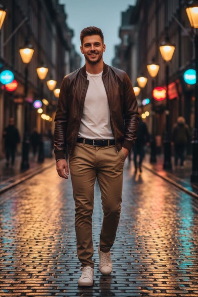 14. Khaki Pants with a Brown Bomber Jacket