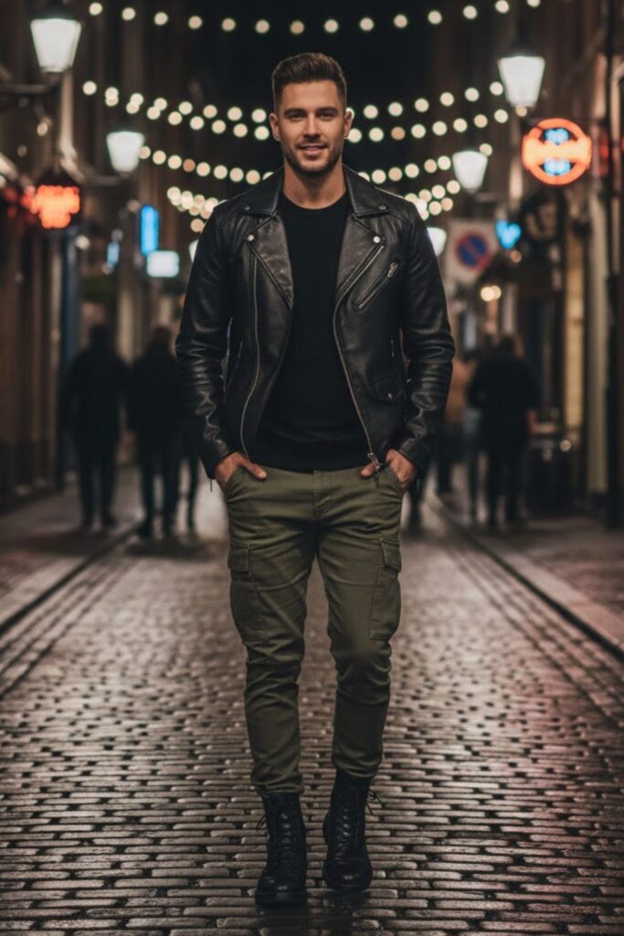 14. Leather Jacket with Cargo Pants