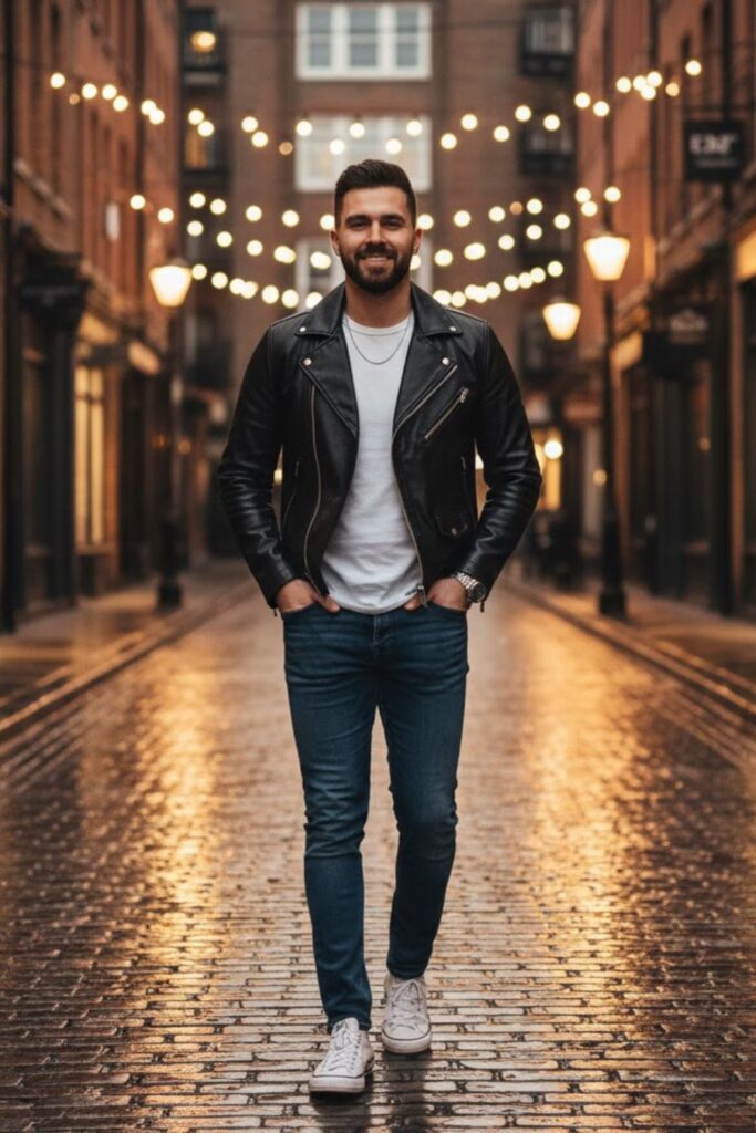 14. Leather Jacket with Converse and Jeans