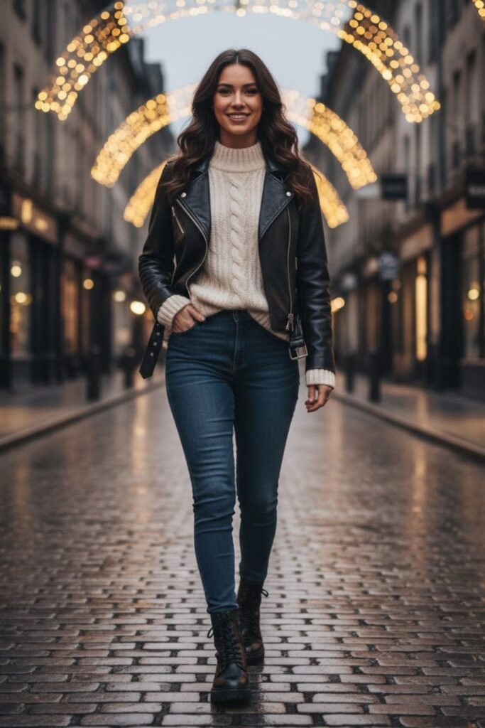 14. Leather Jacket with Sweater and Jeans