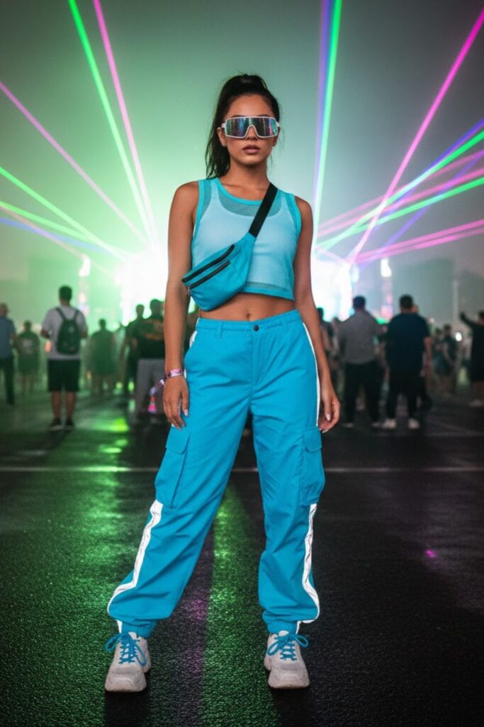 14. Neon Blue Cargo Pants with Crop Top