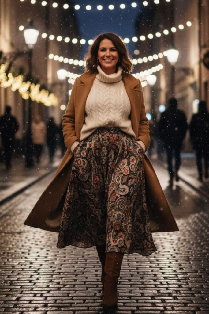 14. Patterned Maxi Skirt with Neutral Sweater