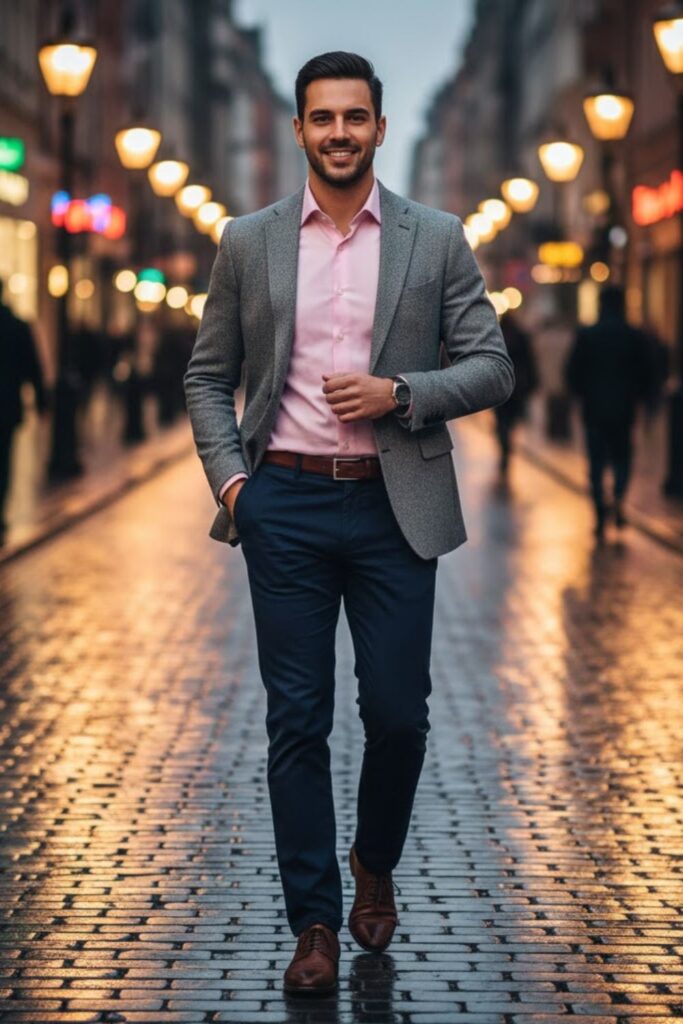 14. Pink Shirt with a Gray Blazer