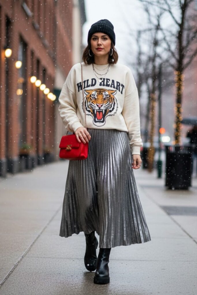 14. Pleated Skirt with a Graphic Sweatshirt