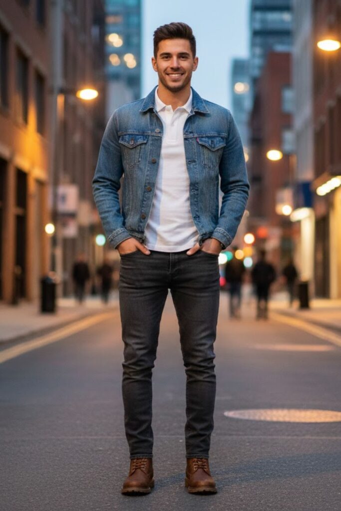 14. Polo with Denim Jacket and Black Pants