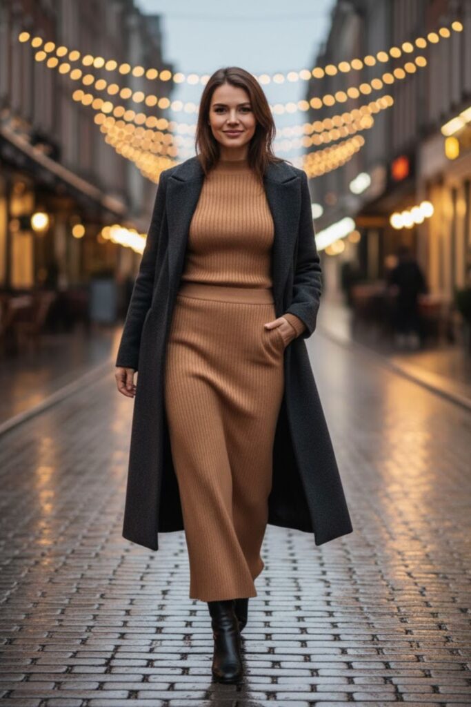 14. Ribbed Knit Set with Long Coat