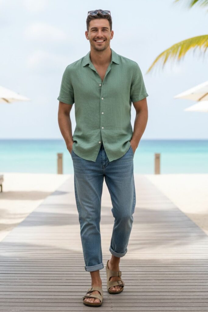 14. Short-Sleeve Shirt, Cropped Jeans, and Suede Birkenstocks