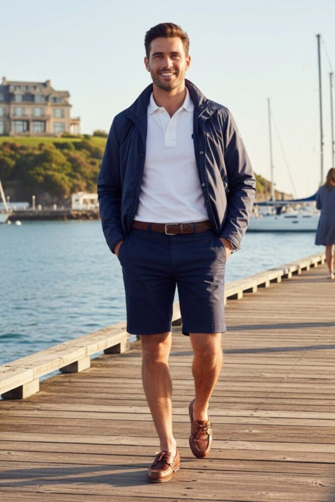 14. The Sailing Windbreaker and Navy Shorts