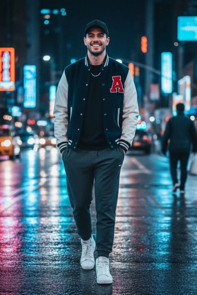 14. Varsity Jacket with Sweatpants and Cap