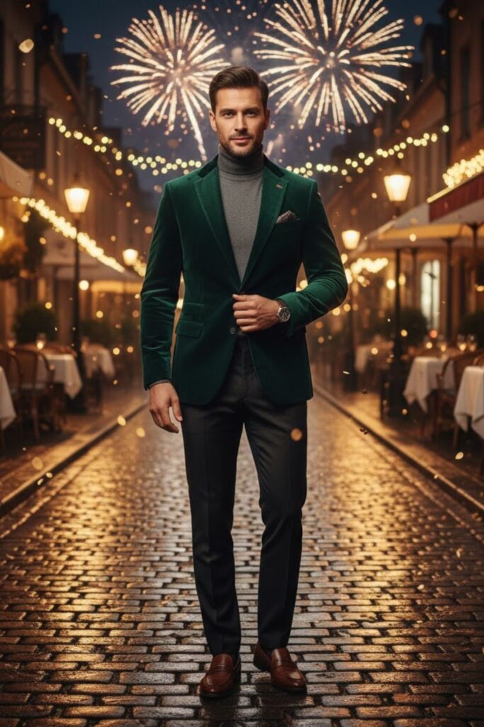 14. Velvet Blazer with Dress Pants (Men’s Option)
