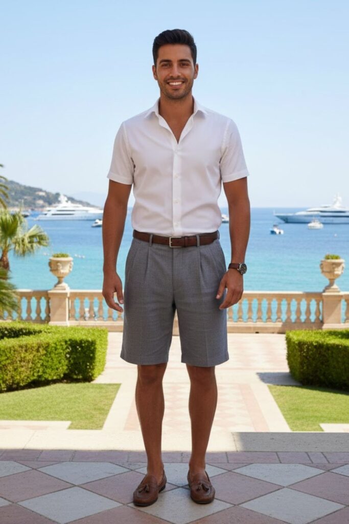 14. White Button-Down Shirt with Grey Pleated Shorts