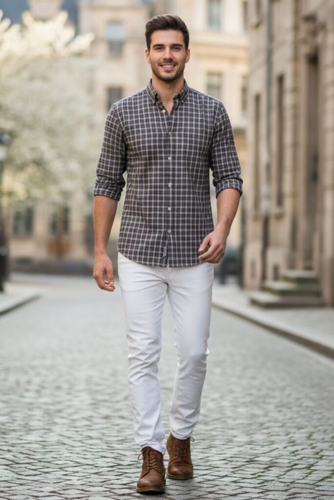 14. White Pants with Checked Shirt