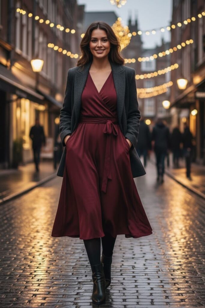 14. Wrap Dress with Tights and Blazer