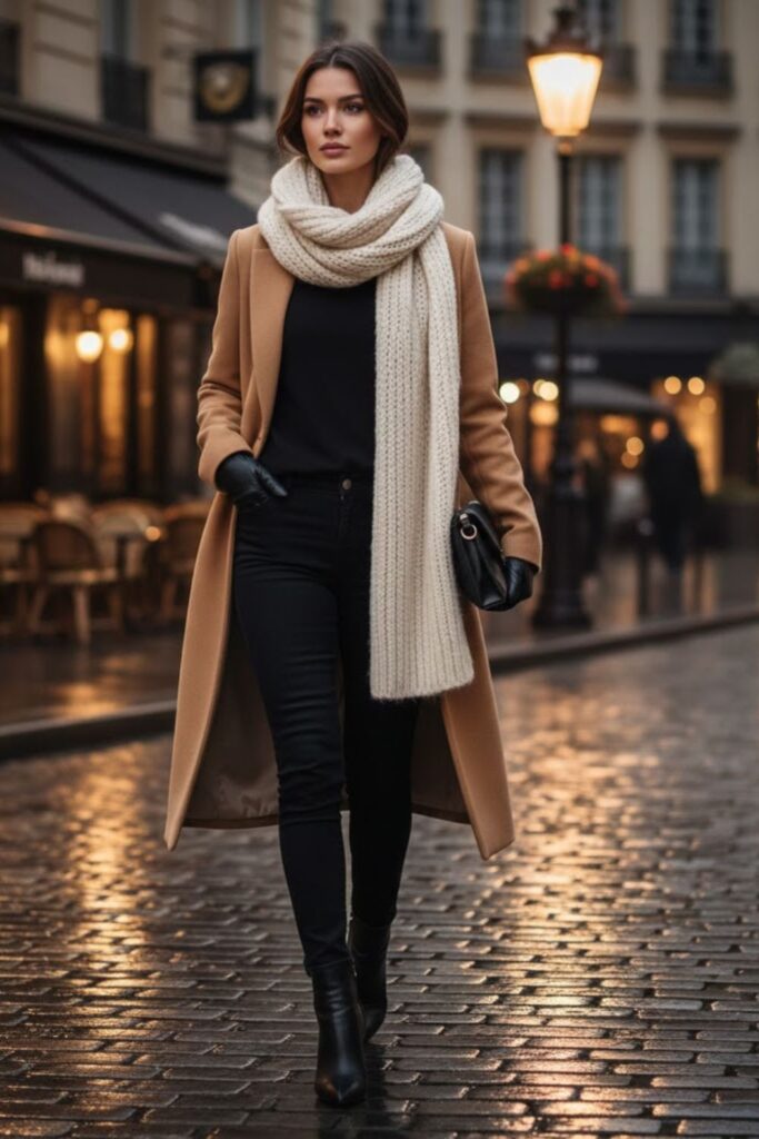 15. Black Jeans with Longline Coat and Scarf