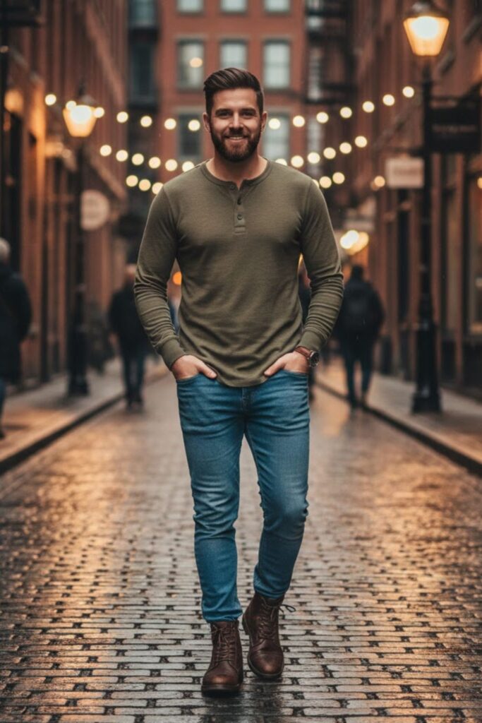 15. Blue Jeans with Henley Shirt