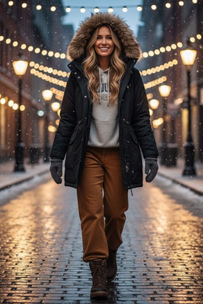 15. Brown Corduroy Pants with Layered Hoodie and Parka Jacket