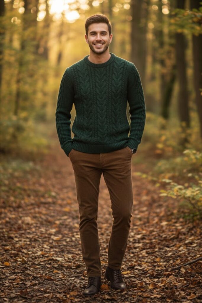 15. Brown Pants with Green Sweater