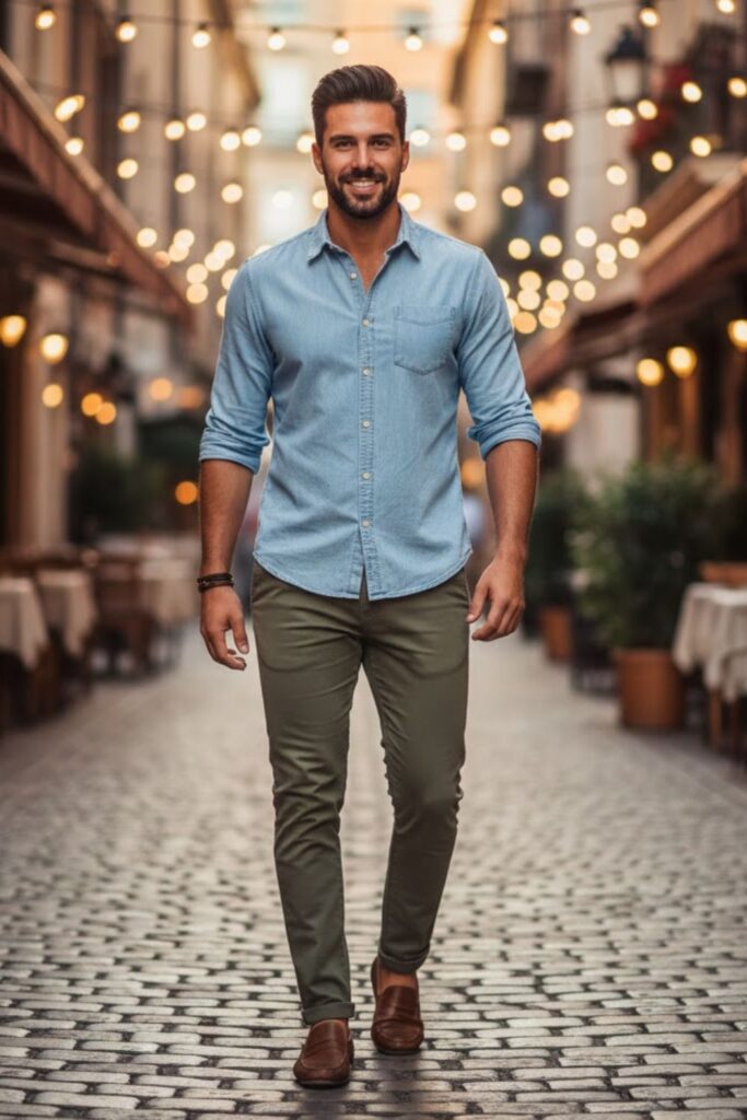 15. Chambray Shirt with Olive Pants