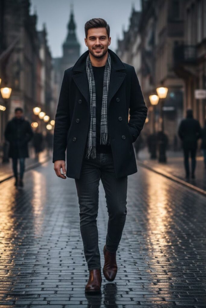15. Chelsea Boots with a Peacoat and Scarf