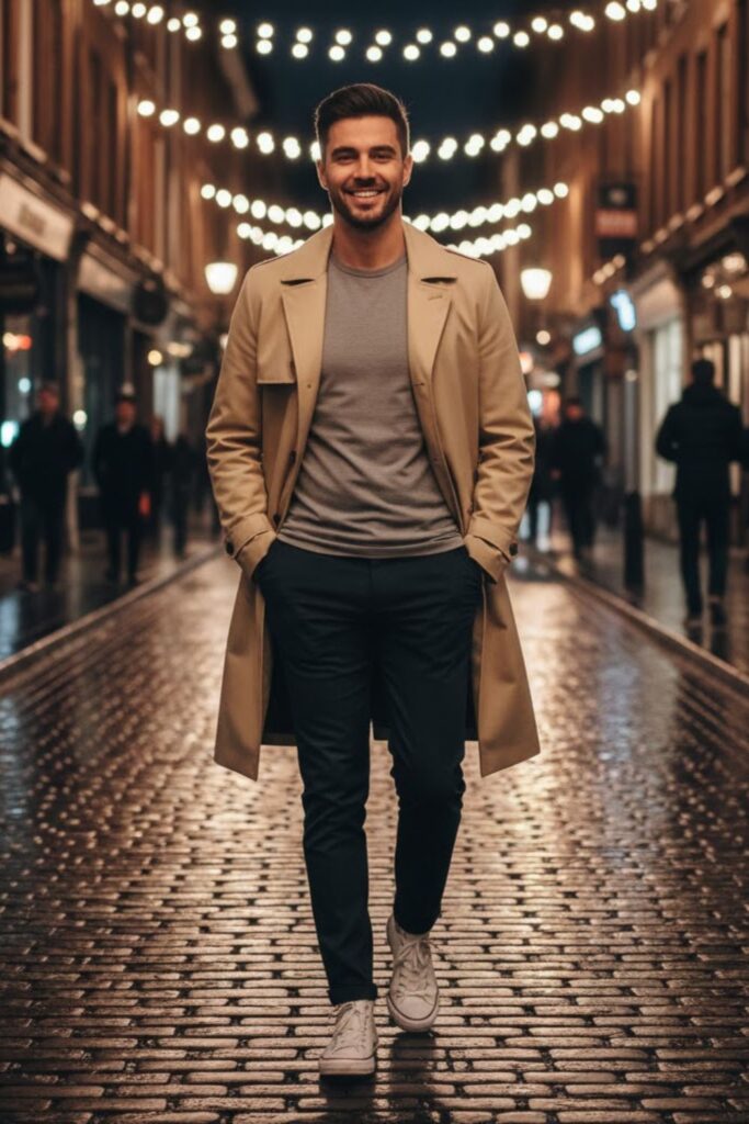 15. Converse with Trench Coat and Trousers