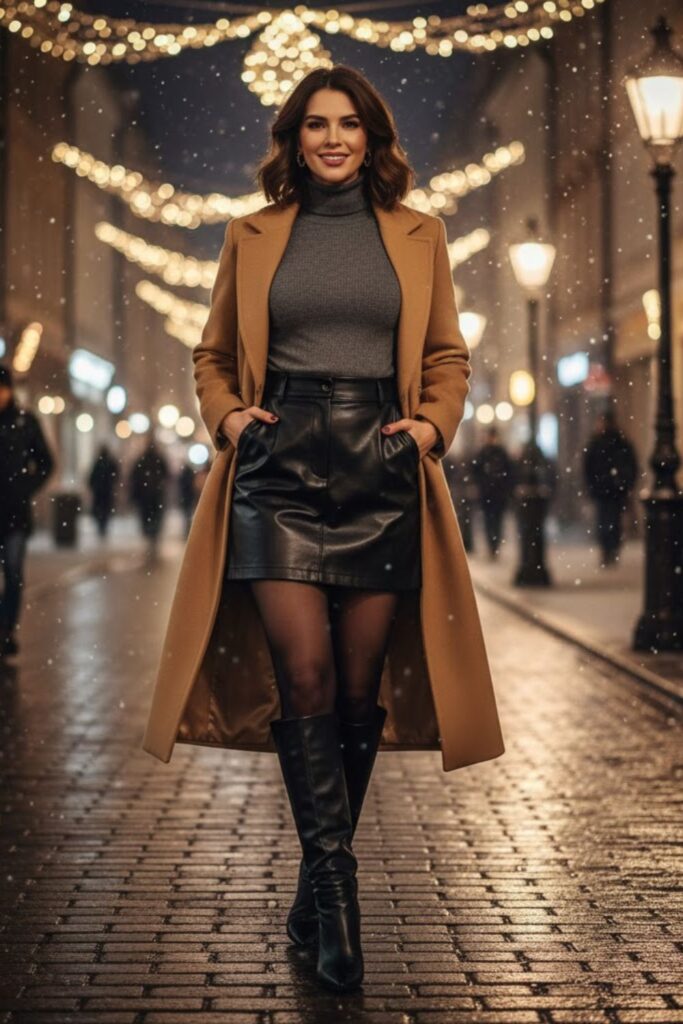 15. Faux Leather Mini Skirt with Knit Top and Coat