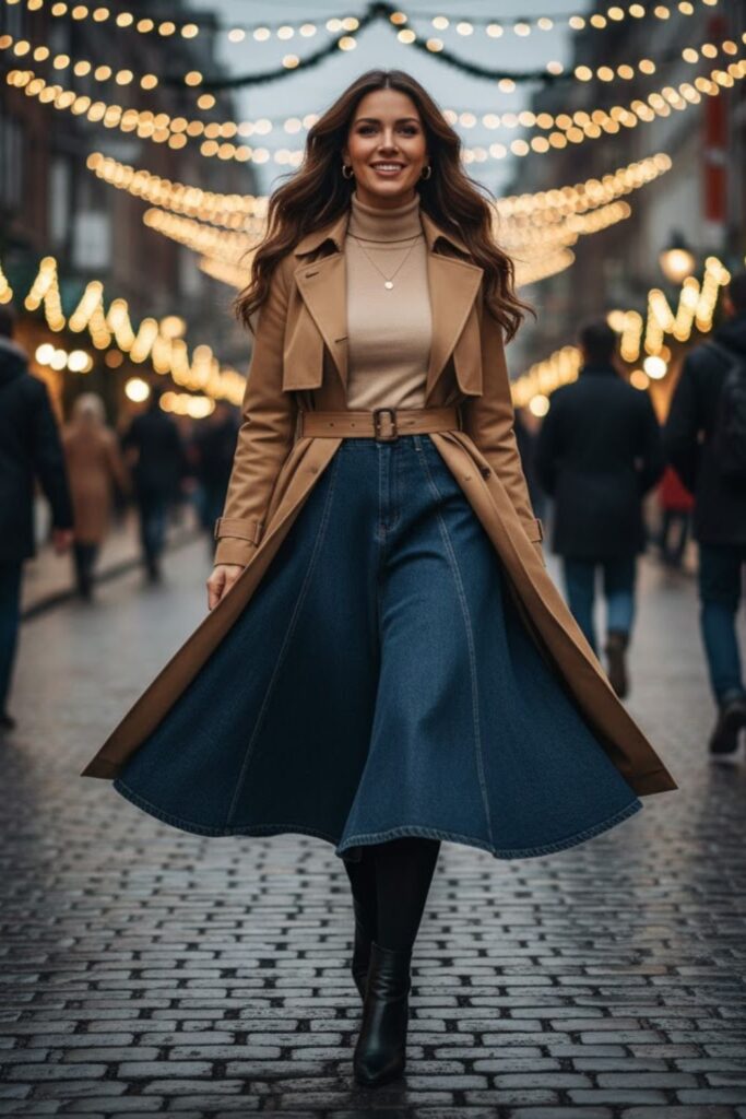 15. Flared Denim Skirt with Belted Trench Coat