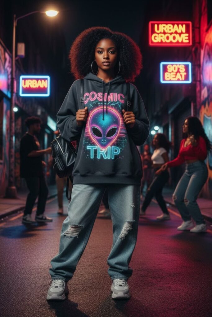 15. Graphic Hoodie with Baggy Jeans