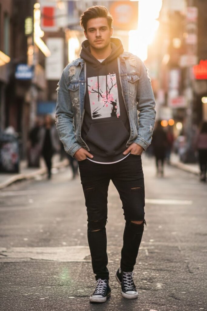 15. Graphic Hoodie with Distressed Jeans