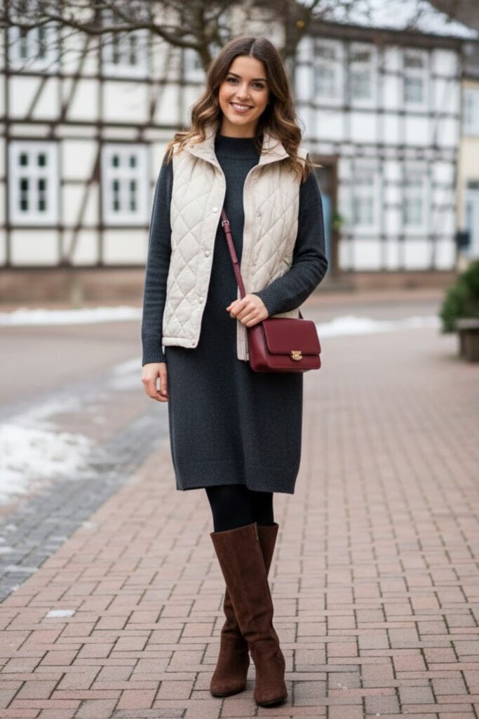 15. Grey Dress with Padded Vest and Suede Boots