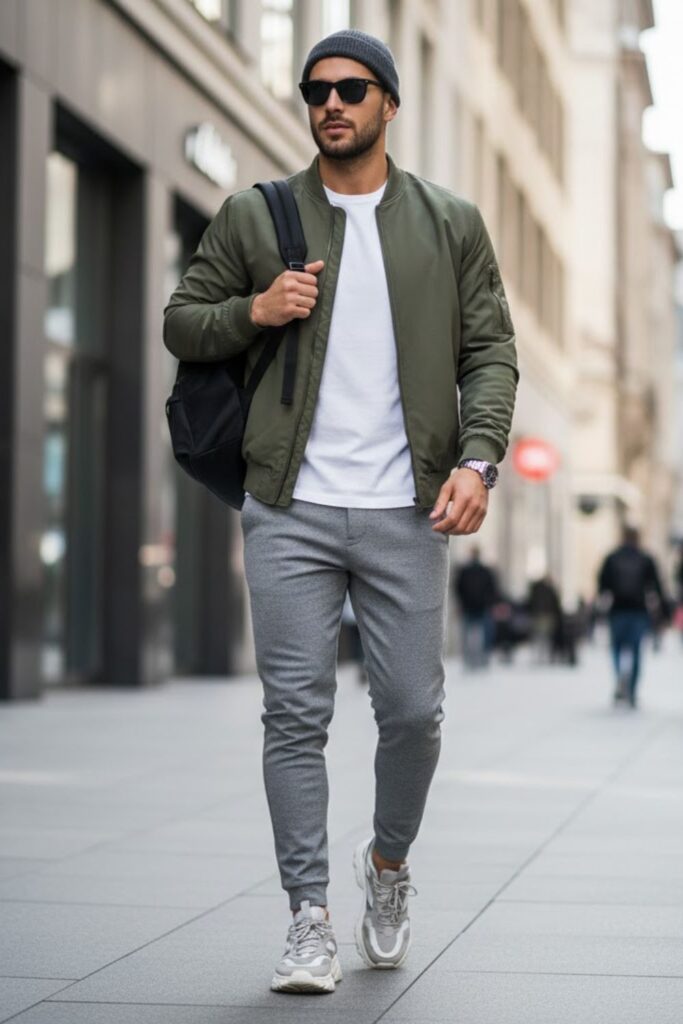 15. Grey Jogger Pants with Bomber Jacket