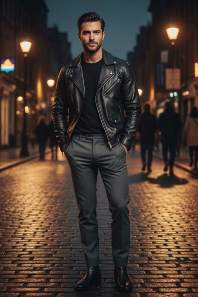 15. Grey Pants with Leather Jacket and Black Tee