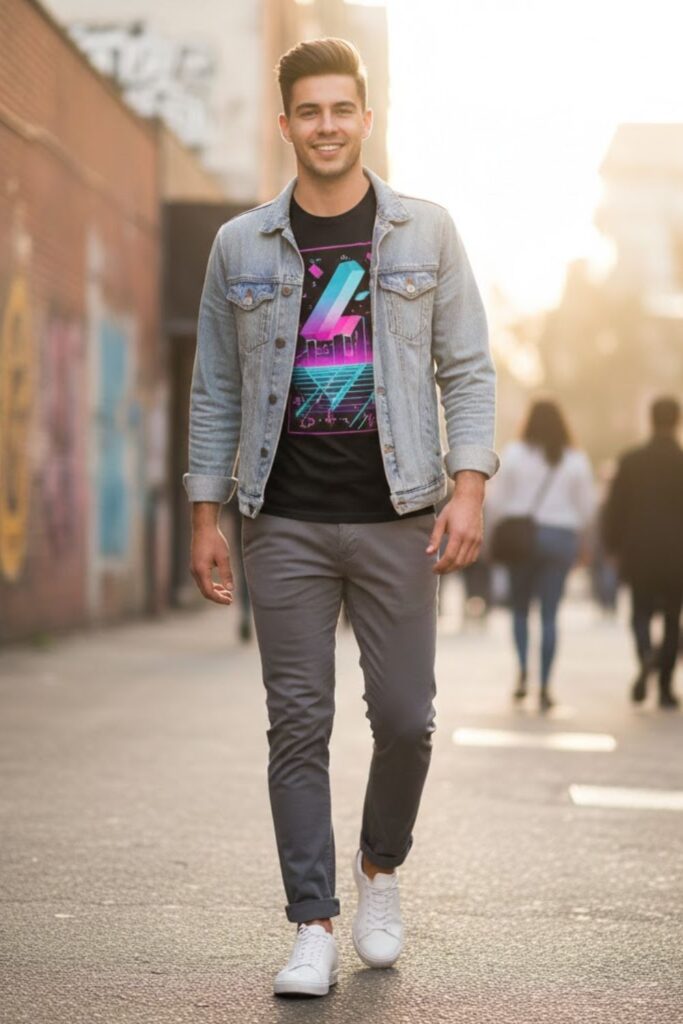 15. Grey Trousers with Graphic Tee and Sneakers
