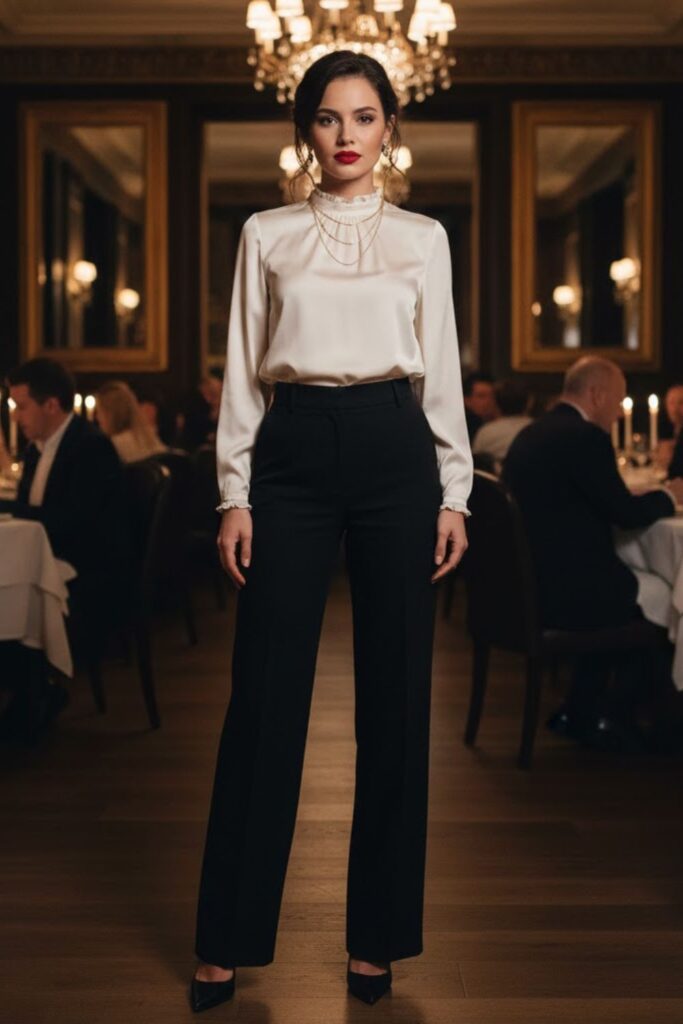 15. High-Neck Blouse with Wide-Leg Pants