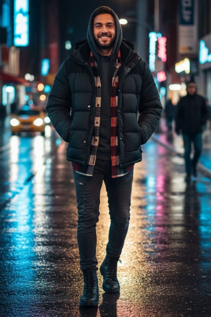 15. Hoodie with Flannel Shirt and Puffer Jacket
