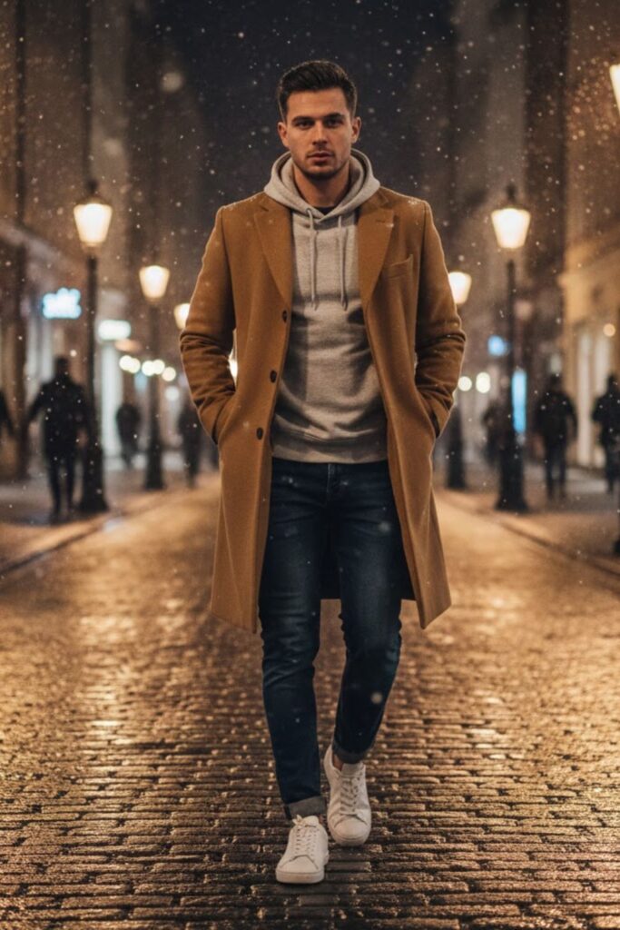 15. Hoodie with Overcoat and Sneakers