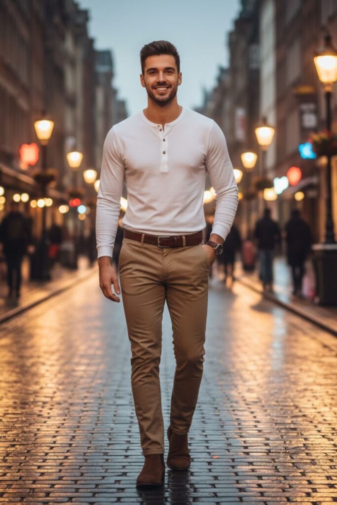 15. Khaki Pants with a White Henley Shirt