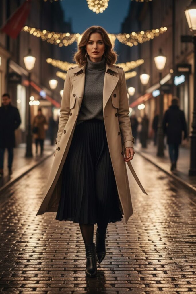15. Layered Turtleneck with Black Midi Skirt and Trench Coat
