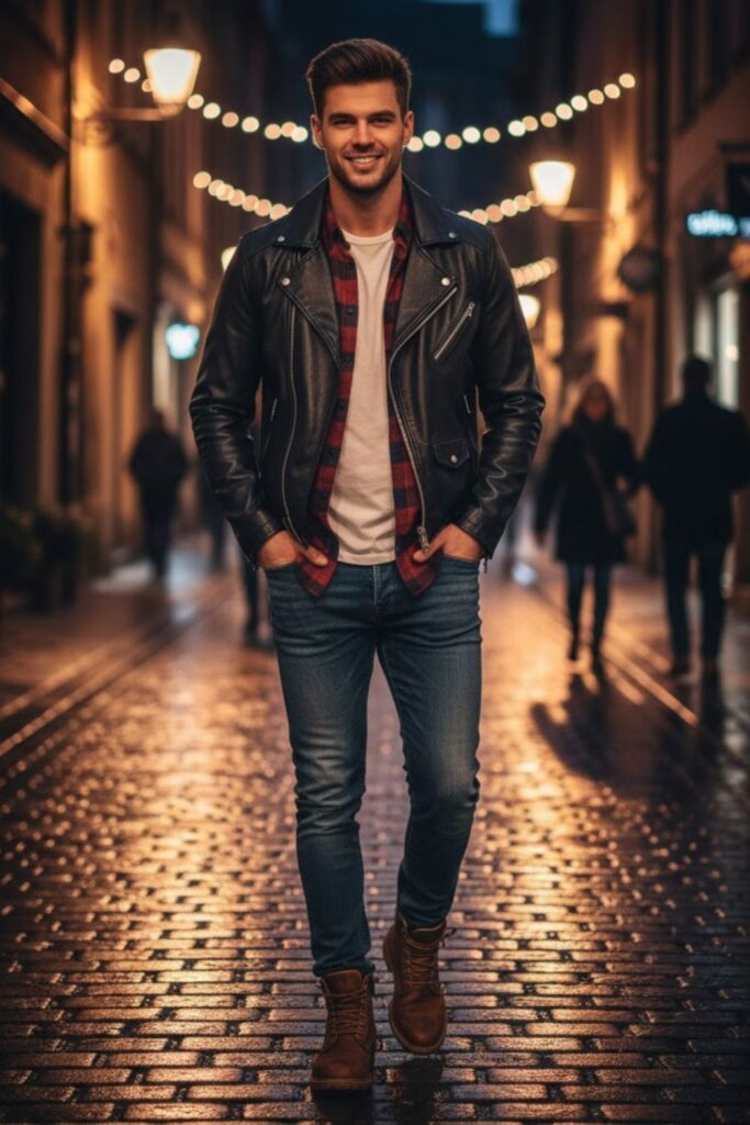 15. Leather Jacket with Plaid Shirt and Jeans