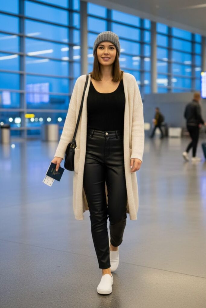 15. Long Cardigan with Tank Top and Leather Pants