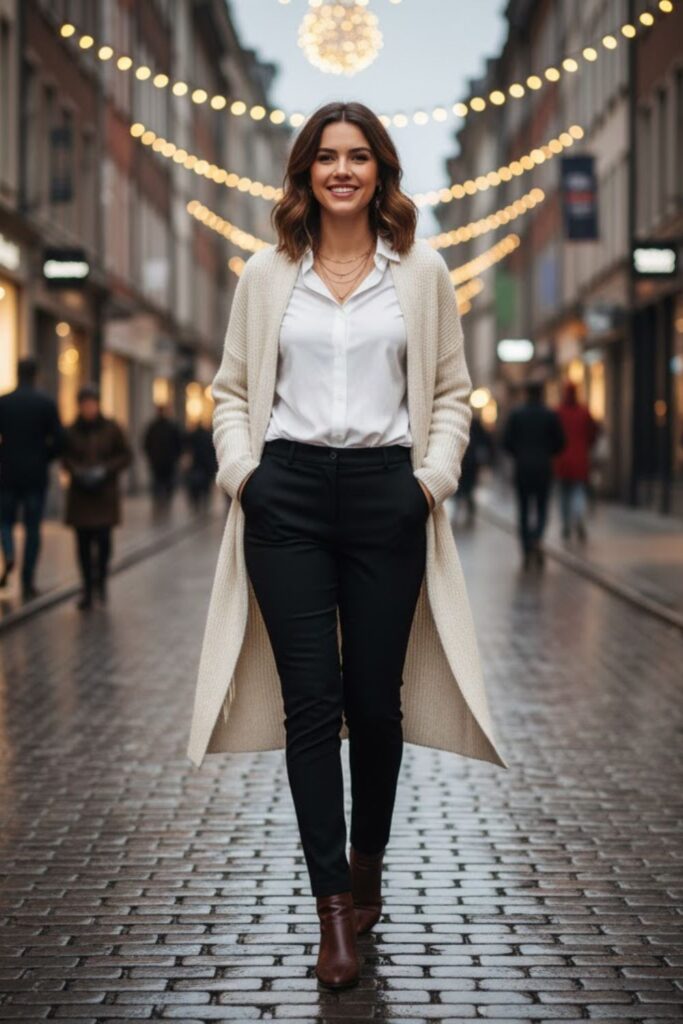 15. Longline Cardigan with Shirt and Skinny Trousers