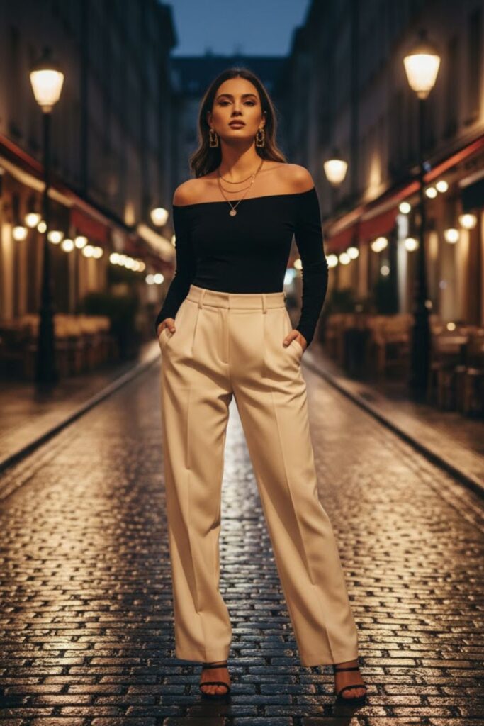 15. Off-Shoulder Top with Wide-Leg Pants