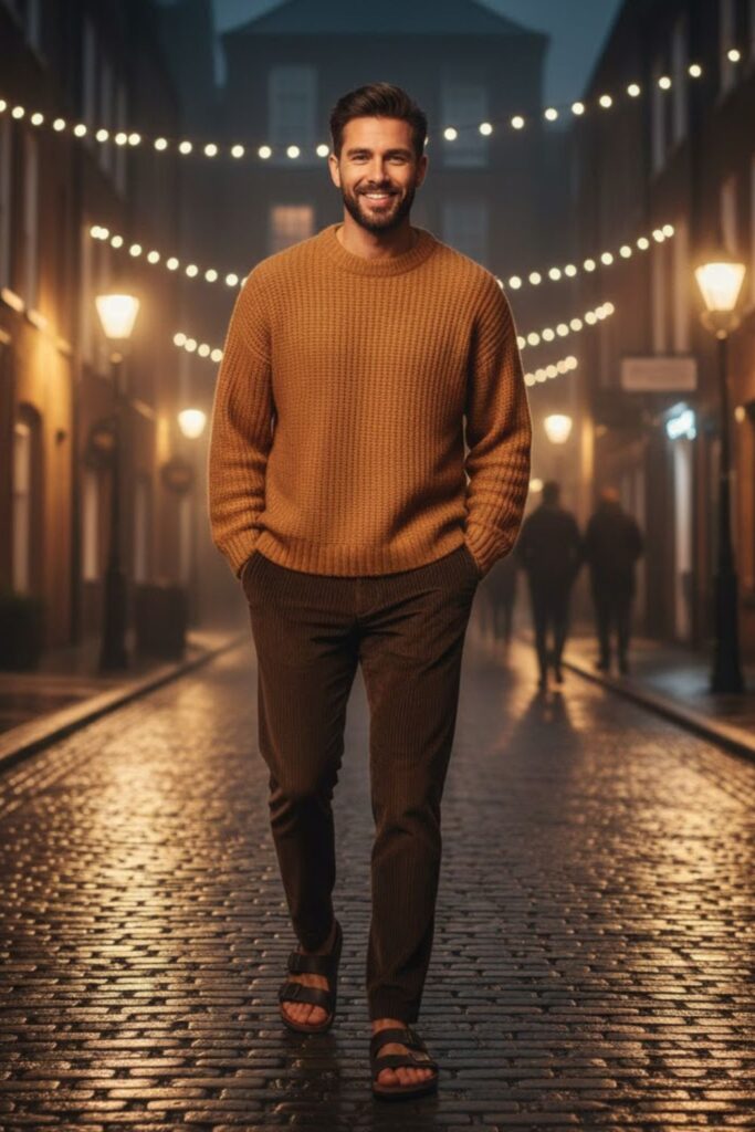 15. Oversized Sweater, Corduroy Pants, and Dark Birkenstocks