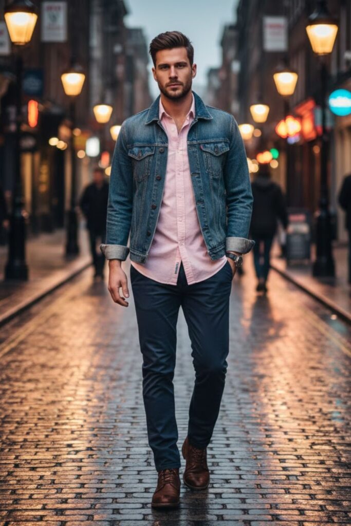 15. Pink Shirt with Denim Jacket