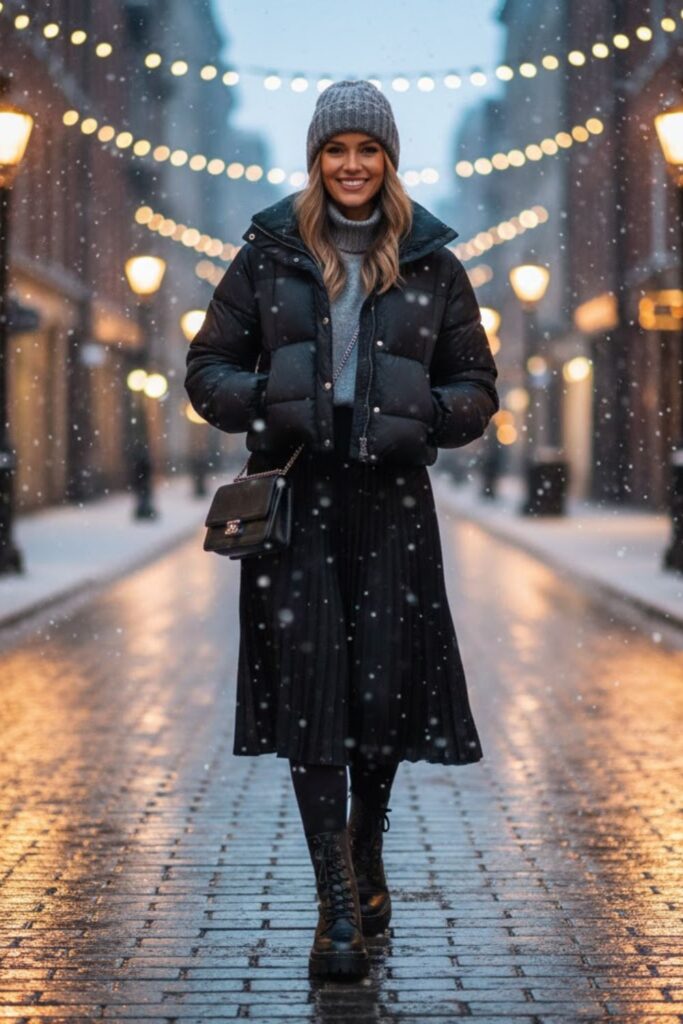 15. Puffer Jacket and Pleated Black Skirt