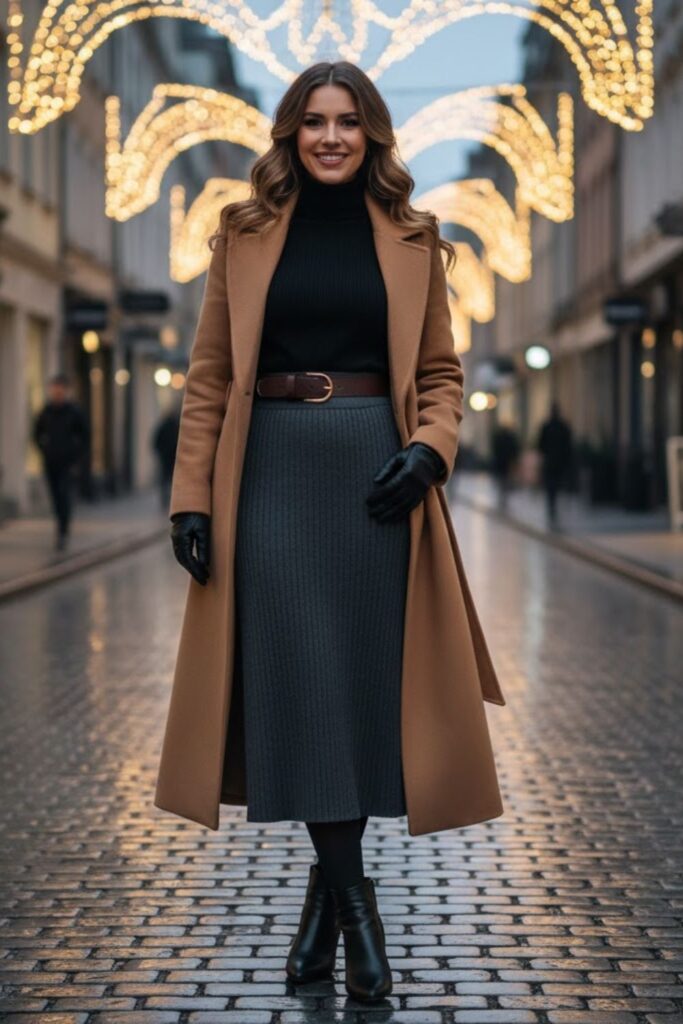 15. Ribbed Midi Skirt with Belted Coat