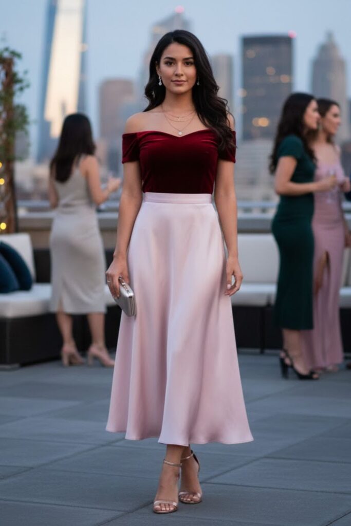 15. Satin Skirt and Off-Shoulder Top