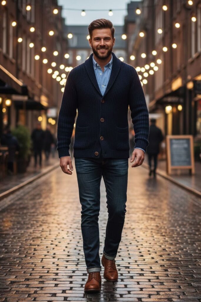 15. Shawl Collar Cardigan with Button-Up and Jeans