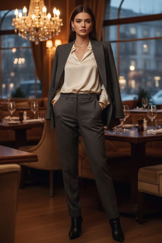 15. Silk Blouse with High-Waisted Pants